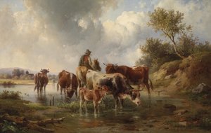 Cows with Shepherds at the Ford by Edmund Mahlknecht